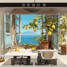 这款蓝色百叶窗采用透视效果，饰以蔚蓝海景和柠檬树图案，为2D平面设计，适用于厨房墙面。采用优质PVC材料制成，易于安装且经久耐用。适合家居装饰和现代厨房室内设计。 - 彩色 - 查看 5