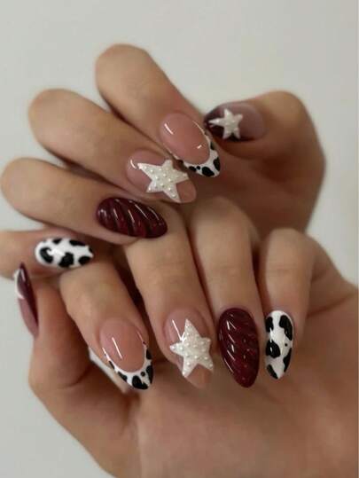10 piezas de pegatinas de arte de uñas ovaladas minimalistas con patrón de estrellas y perlas falsas 3D, adecuadas para uso diario y festivo, reutilizables, excelentes para mujeres y niñas, adorables pegatinas para uñas y suministros para uñas