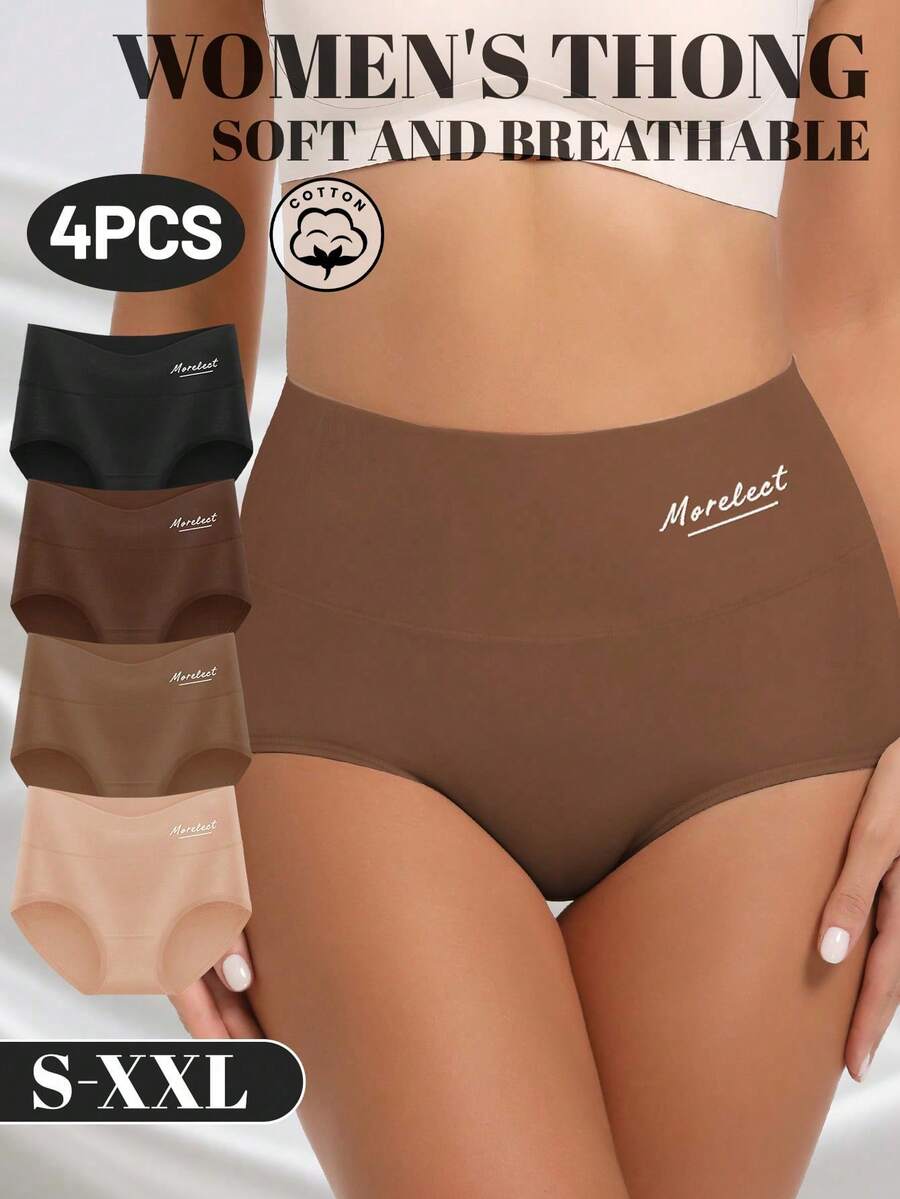 MEIYATING 4pcs Women High Waist Tummy Control White Cotton Letter Print Briefs