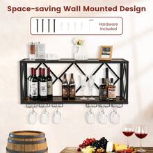 COSTWAY Wall Mounted Wine Rack, Wine Display Shelf W/ Wine Bottle Rack & 6 Rows Of Stemware Holder, Wine Storage Rack For 39 Bottles & 12 Glasses, Suitable For Kitchen, Living Room, Dining Room, Brown - Brown - View 4