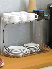 1pc 2-Tier Transparent Plastic Desktop Cosmetic Storage Box With 2-Tier Shelves & 4-Wheel Base - Space-Saving Organizer Tray - Multicolor - View 3