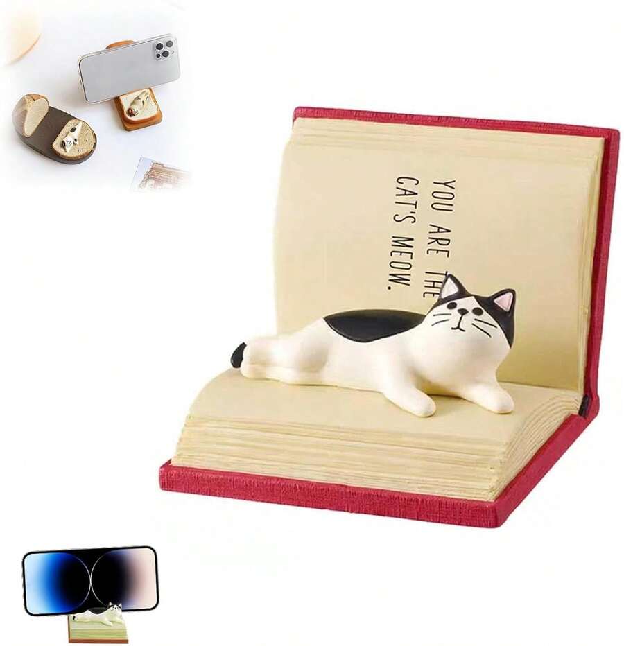 Soporte para Teléfono de Amante de Gatos, Soporte de Escritorio para Teléfono Celular de Gato Lindo, Soporte de Smartphone de Gato Lindo de Resina, Soporte de Escritorio para Teléfono Celular de Animal de Dibujos Animados, Soporte para Teléfono de Gato - Gato Adorables Recostado en un Libro Mágico (Gato de Libro) - Gato de libros - Ver 1