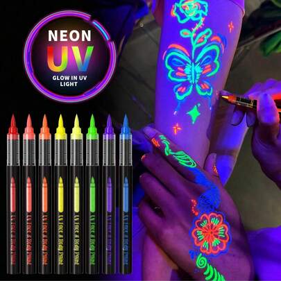 Only Under UV Light!!!!Flysea New 8 Color/10 Color Fluorescent Glow Pens, Presents Vibrant Colors Under UV Light, Smooth Writing. 8 Color/10 Color Set Glow-In-The-Dark Liquid Marker Pens, Vibrant Colors Under UV Light, Suitable For Body Painting, Face Painting, Halloween Festival Costume Party.