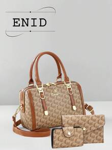 新款优雅复古印花波士顿手提包套装，大容量通勤单肩包三件套 - 玫瑰金 - 查看 1