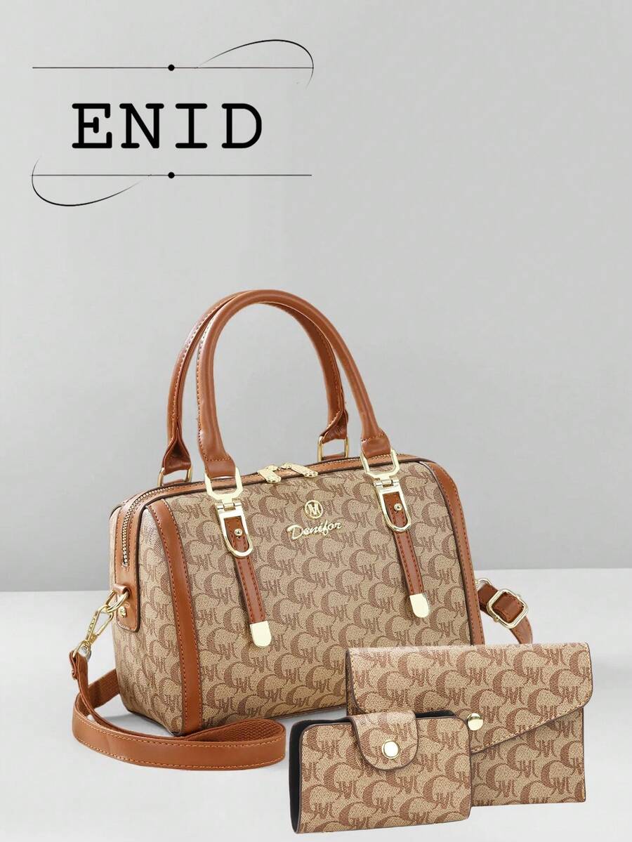 新款优雅复古印花波士顿手提包套装，大容量通勤单肩包三件套 - 玫瑰金 - 查看 1