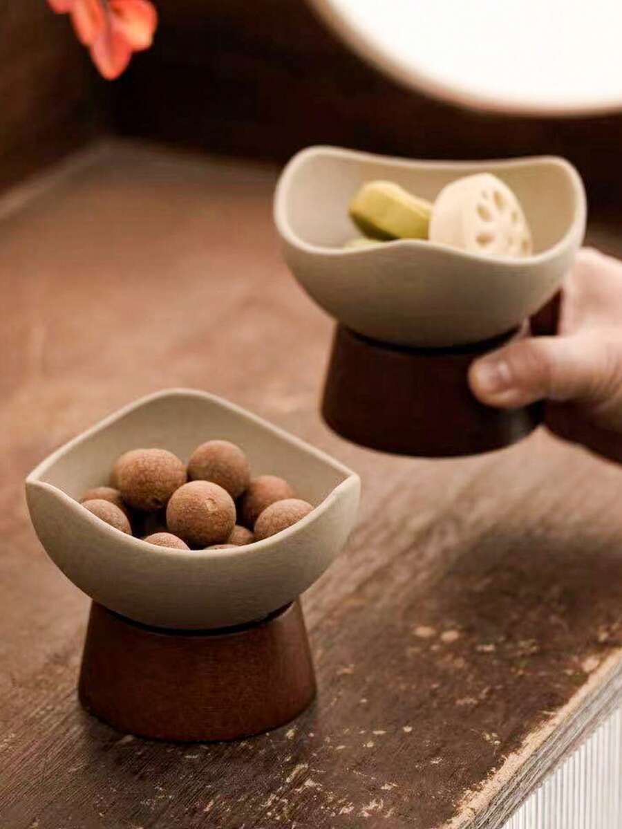 1pc Ceramic Wood Bottom Plate, Asymmetrical Ceramic Bowl, Rough Ceramic Plate, Nut Bowl, Snack Tray, Date Plate, Suitable For Home, Guest Reception, Restaurant, Party