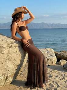 Bộ bikini 3 mảnh xếp ly mới năm 2026, bao gồm váy che ngoài, áo tắm nâng ngực và váy dự tiệc bãi biển. - màu nâu - Xem 3