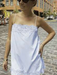Women Y2k Lace Camisole Top Satin Square Neck Side Split Cami Silk Sleeveless Spaghetti Strap Loose Going Out Tank Backless Nightgown Sleepwear Sliky Short Wedding Nightgown,Party Streetwear,Rave Outfit,Club Outfits,Beach Vacation Outfits,Summer Going Out Tops,Spring Break Outfits,Country Concert Outfit - Màu xanh nhạt - Xem 2