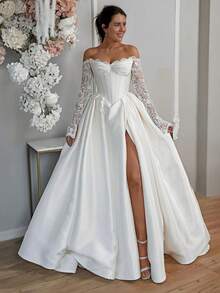 Elegant Off-Shoulder Satin Wedding Gown With Lace Long Sleeves & High Side Slit – Italian Silk Fabric, A-Line Skirt With Dramatic Train, Perfect For Weddings, Christmas, Halloween, Proms, Birthdays, And Special Occasions – Suitable For Weddings, Parties, Bachelorette Parties, Vacations, Formal Occasions, Dinner Gowns, Graduation Ball Gowns, Homecoming Gowns, Cocktail Parties, Bridesmaid Gowns, Wedding Guest Gowns, And Graduation Ceremonies - White - View 4