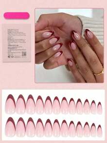 24Pcs Short Almond Press On Nails Red French Tip Nails Minimalist Style Full Cover For Women Girls Daily Wear Summer Nails Art Nail Supplies Nails(Random Delivery) - 隨機的 - 查看 5