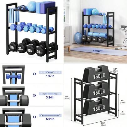 Tier Adjustable Dumbbell Rack HeavyDuty Weight Storage Stand For Dumbbells, Kettlebells, Multiple Balls, 450 Lb Total Capacity, SpaceSaving Home Gym Organizer Rack Only