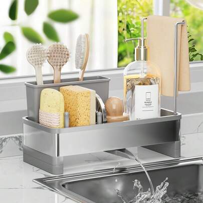 ¡RecomendadoSoporte para Esponja para Fregadero de Cocina con Bandeja de Drenaje, Porta Esponja para Fregadero de Acero Inoxidable con Portacepillos y Escurridor de Paño de Cocina Organizador de Fregadero Cocina¡Top de Temporada