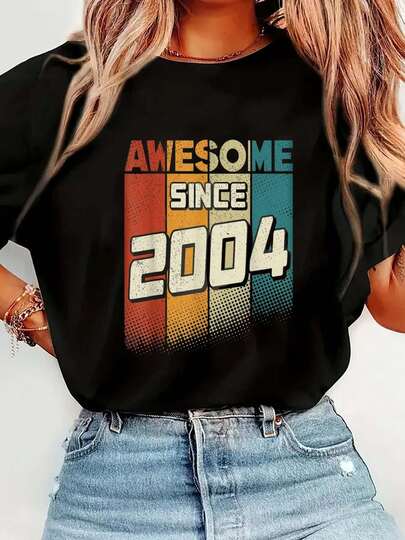 100% Cotton Awesome Since 2004 Men 20 Yo Retro 20th Birthday T-Shirt Short Sleeve Round Neck Casual Top For Summer & Spring, Women's Men's Graphic Tee