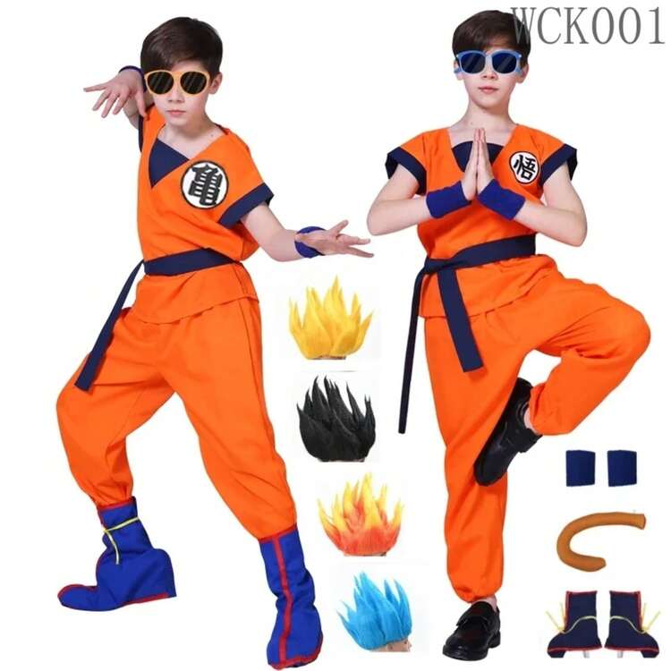 Disfraces de Halloween para adultos y niños, disfraz de Son Goku, trajes de Krillin, disfraces de anime para fiestas infantiles, peluca de Super Saiyan con cola y muñeca - 5 PIEZAS-GOKU - Añade 2