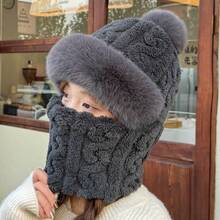 Winter Women's Hat With Face Mask, Full Face Cover, Windproof Neck Warmer, Fleece-Lined Ear Protection, Head Wrap, Warm Integrated Hat - Quả cầu bông hình quả dứa [màu xám] - Xem 13