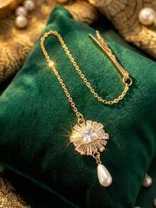 Gold Bridal Headpiece - Rhinestone & Pearl Pendant Headband, Elegant Bridal Hair Accessory, Boho Style Bride Headpiece, Suitable For Balls And Parties - Multicolor - View 4