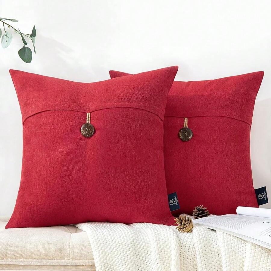 Phantoscope Pack Of 2 Farmhouse Throw Pillow Covers Premium Coconut Button Vintage Linen Solid Decorative Pillow Cover For Couch Bed And Chair Red 18 X 18 Inches 45 X 45 Cm - Màu đỏ - Xem 1
