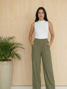 Fabric Pants With Pockets, Vacation, Home, Summer - 軍綠色 - 查看 4