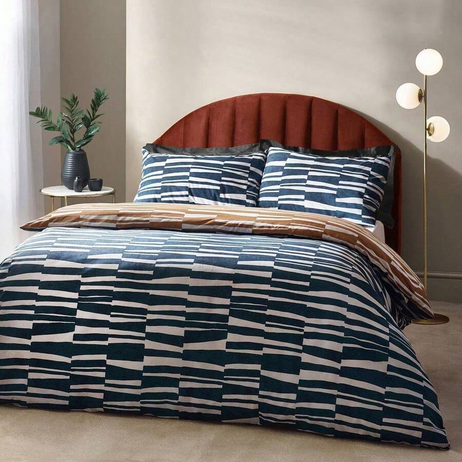 Abstract Cotton Rich Reversible Duvet Cover Set Dusk/Bronze - Blue - View 1