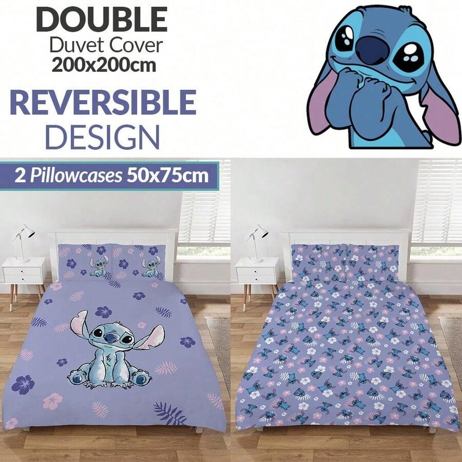 3pcs Lilo & Stitch Duvet Cover Set Double (200x200cm) With 2 Pillowcases - Cute Stitch Bedding Set, Soft Quilt Cover For Kids & Teens, Trending Movie Character Bedroom Decor - 200 cm x 200 cm - Ver 1