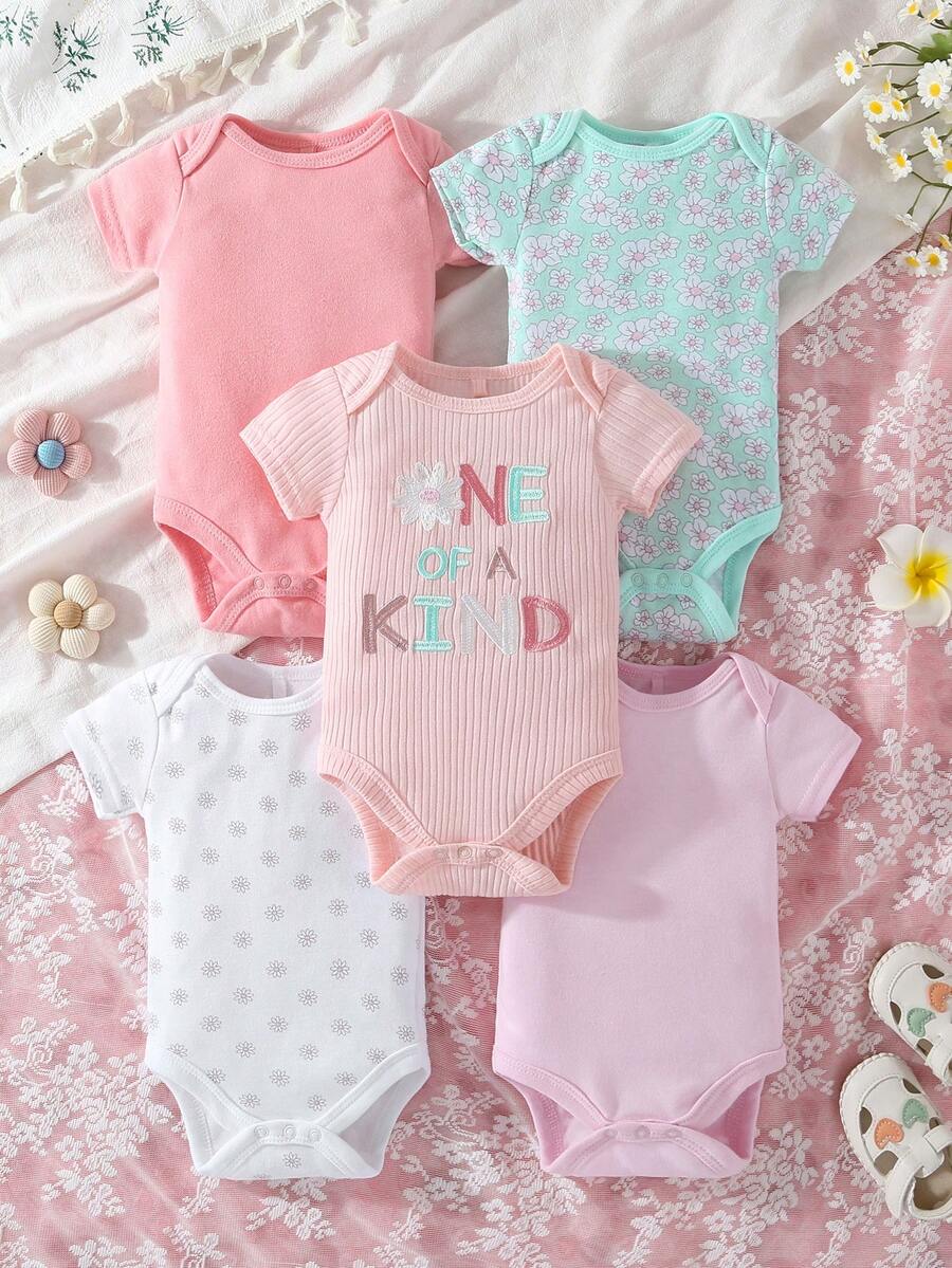 5-Piece Baby Triangle Jumpsuit Cotton Cartoon Letter Printed Women's Baby Jumpsuit Wrapped Burden Baby Clothes Outfits For Outdoor Use, Daily Home Wear - 粉色 - 查看 1