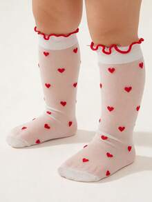 1双女婴爱心图案中筒袜，爱心元素儿童袜，适合0-2岁宝宝 - 白色 - 查看 3