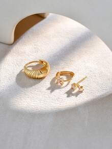 3pcs/Set Fashionable Striped Zirconia Four-Leaf Clover Stud Earrings Set, Suitable For Girl's Daily And Holiday Wear - Gold - View 7