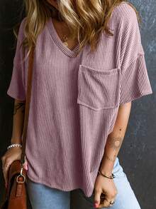 CILKOO 女士宽松扭结口袋V领休闲短袖T恤，春夏款 - 淡紫色 - 查看 5