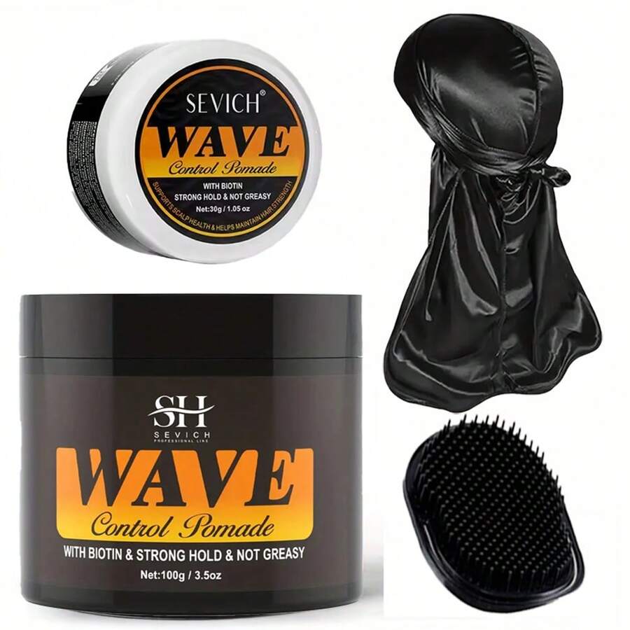sevich Wave Pomade For Men 360° Waves Strong Hold, Pomade Kit-3pcs Set With Hair Brush And Silky Durag-Non-Greasy Hair Styling Paste With Biotin, Jojoba Oil, Mentha Haplocalyx - Easy Wash, Normal Hair Types - set1 - 查看 1