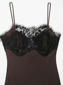Vestido casual de mujer de unicolor con parches de encaje, sin mangas, con bajo asimétrico, para primavera/verano, de estilo elegante y de alta calle, nueva llegada - Marrón - Ver 4