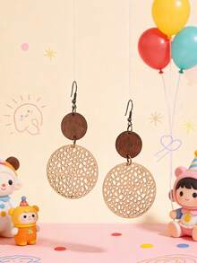 1 Pair Fashionable Classic Hollow Round Wooden Slice & Leather Earrings - one-size - View 2