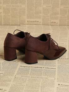 Giày Oxford cao gót buộc dây màu nâu cà phê dành cho nữ, kiểu dáng cổ điển, đế dày, mũi kín, phối màu, thích hợp cho công sở, hàng mới về mùa xuân/thu, chất lượng cao cấp. - Cà phê nâu - Xem 2