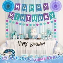 17 Pcs Winter Wonderland Drations Kit, Blue Purple Teal Hanging Snowflake Ornamen, Happy Birthday Banner, Paper Fans, Pompoms Set For Girls 1st 2nd 3rd 4th 5th Frozen Themed Birthday Supplies - 杏色 - 查看 5