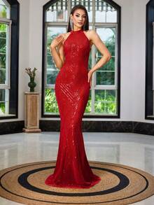 女士优雅亮片露背晚礼服，适合婚礼、春季派对等场合 - 紅色 - 查看 5