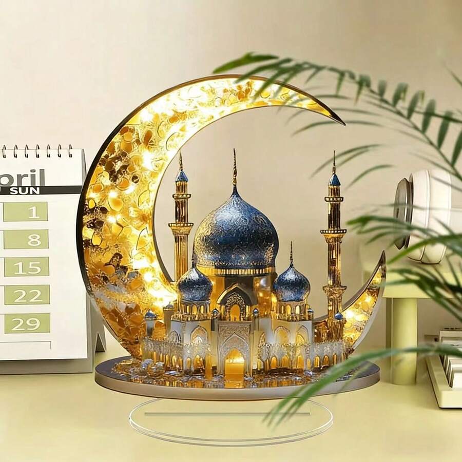 2D Acrylic Ramadan Decorative Ornament: It Features A Glowing Golden Crescent, A Mosque (With Blue Domes, Golden Minarets, Intricate Patterns), Designed As A Festive Piece For Ramadan, Islamic Cultural, Indoor Decorative Display.