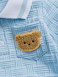 男士夏季新款提花面料 Polo 领刺绣小熊上衣和休闲短裤两件套 - 淺色水洗藍 - 查看 4