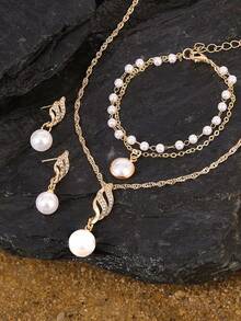 Opalesca Women's Leather Strap Fashionable Simple Square Dial Quartz Wristwatch + Pearl Jewelry Set (5pcs/Set) As A Gift For Students Returning To School - White - View 4
