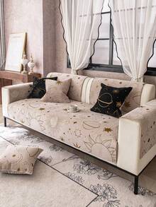 1pc Gold Star & Moon Chenille Sofa Cushion, Minimalist Starry Pattern Sofa Cover, Anti-Slip & Anti-Scratch Sofa Protector, Holiday Decor & Home Decoration, Suitable For 1/2/3/4 Seater Sofa With Armrest - Khaki - View 4