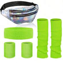 6pcs 80s Style Neon Leg Warmers Set With Holographic Fanny Pack, Knit Leg Warmers, Headband And Wristbands, Suitable For Yoga, Running, Hiking, All Seasons - Green - View 6