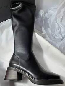 Fall/Winter New Mid-Heel Knee-High Boots, Leather Motorcycle Riding Boots, Versatile Design For Women. [Recommend Ordering One Size Up When Wearing Thick Socks] - 黑色 - 查看 2