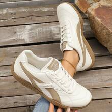 Women's Casual Patchwork Sneakers, Retro Versatile Lightweight Leather Trainers - Khaki - View 3
