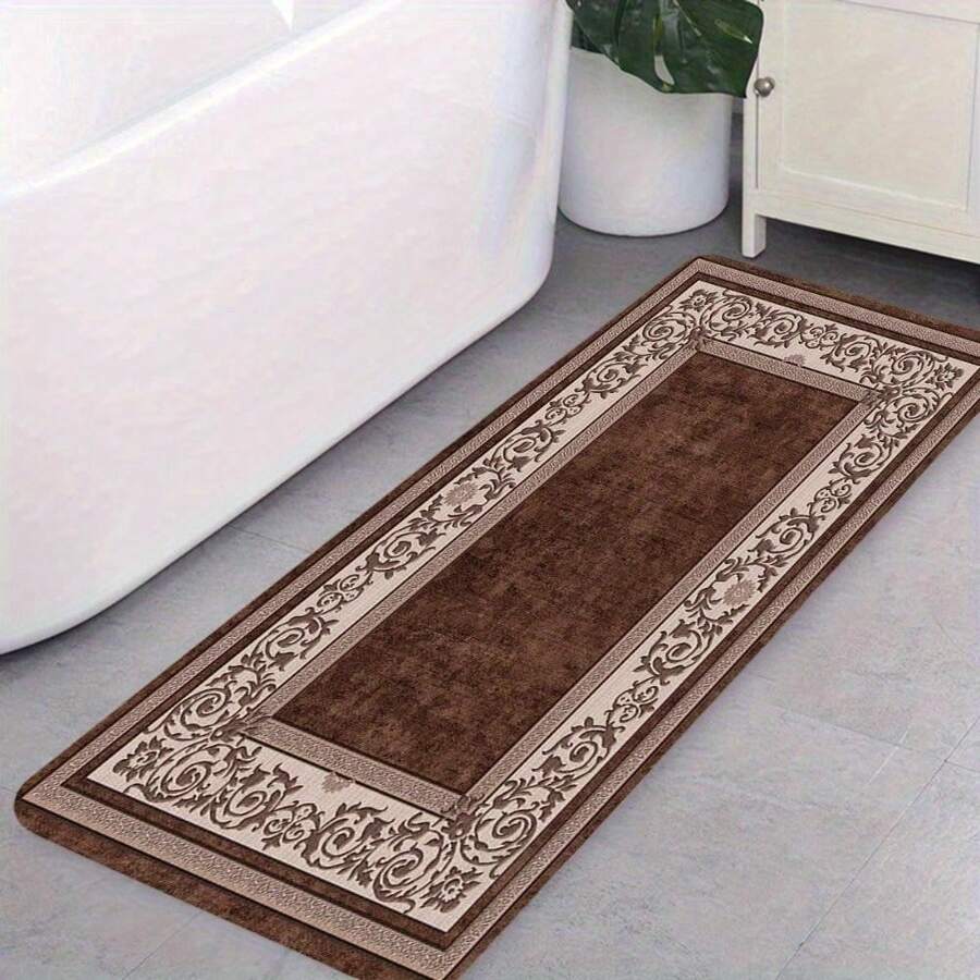 1pc (Flannel + Sponge) European Style Brown Coffee Pattern Printed Bathroom Mat - 0.39inch - 彩色 - 查看 1