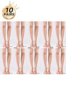 3/6/10 Pairs Women Apricot & Black 15D Knee High Stockings, Anti-Snag, Core-Spun, Sexy, Ultra-Thin, Ultra-Sheer, Versatile Thigh High Socks, Suitable For Work, Party, Gift, Fall, Cozy