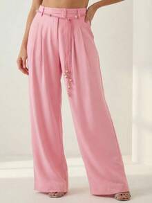 A&DD MODA, REF: AS1946 - Women's High-Waisted, Straight-Cut, Wide-Leg Trousers With A Belt That Perfectly Conceals Leg Imperfections, Featuring Pockets And Ideal For Everyday Wear. - 淺粉色 - 查看 6