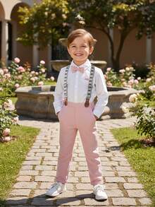 BOARNSEORL 2pcs Young Boys Gentleman Outfit - Long Sleeve Shirt With Bowknot And Pink Suspender Pants, Fashionable Casual Suit For Party, Wedding, Anniversary Celebration