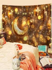 1pc Eid Mubarak Pattern Printed Tapestry, Large Size Decorative Hanging Cloth, Home Decor, Holiday Gift, Party Decoration, Live Streaming Background, Suitable For Living Room And Hotel, With Installation Bag (Accessories Included) - Multicolor - View 2