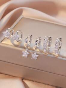 Hihho 6 Stück/Set Luxus Blumen Ohrringe Set, Silber/Stern Blume + Ohrringe, Nischendesign, vielseitig für Alltag, Date, Anziehen, hochwertige Schmuckzubehör für Frauen - Ohrring-Set - Übersicht 7