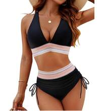 Women High Waisted Bikini Sets Tummy Control Swimsuits Color Block Two Piece Drawstring Bathing Suit Outdoorfun - 藍綠色 - 查看 2