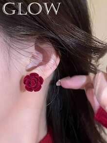 1 Pair Retro Elegant Rose Flower Flocked Stud Earrings, Suitable For Teenage Girls Everyday And Festivals - Flowers - View 2