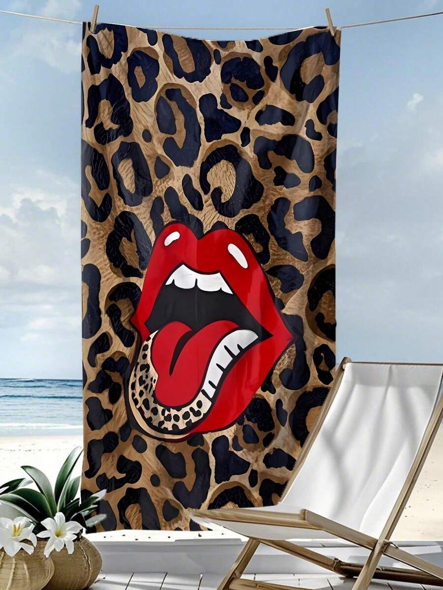1pc Leopard Print Lip Mark Microfiber Beach Towel - Quick-Drying, Lightweight, And Soft, Perfect For Swimming, Fitness, Yoga - Ideal Travel Companion, Gym Towel | Playful Design | Quick-Dry Fabric, Beach Towel - Multicolor - View 1